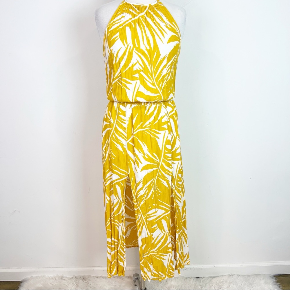 VERONICA M YELLOW WHITE SLEEVELESS SMOCKED WAIST HALTER DRESS WOMENS SZ MEDIUM